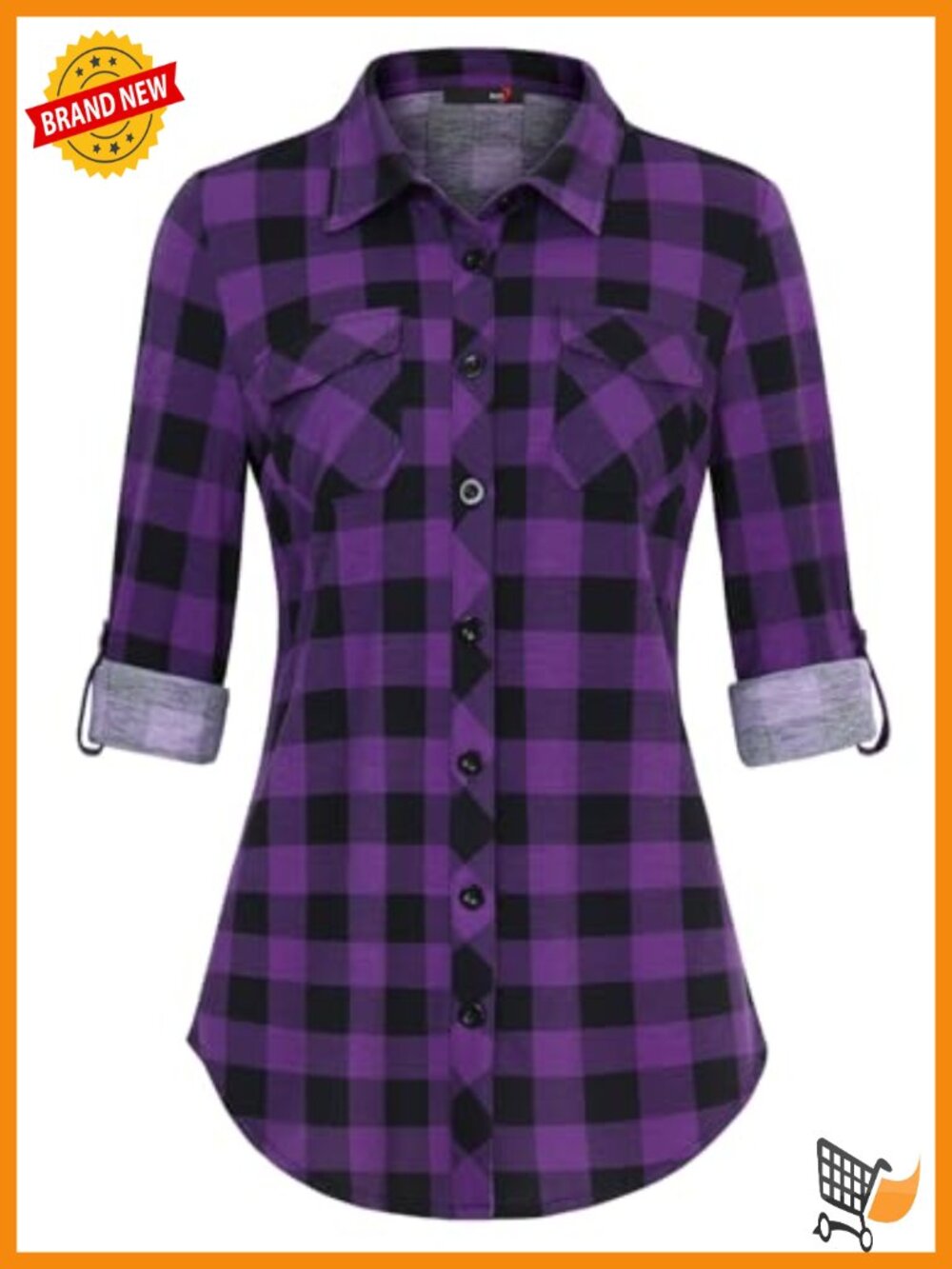 Womens Soft Stretchy Knit Plaid Button Down Shirt Roll Up Long Sleeve Collared